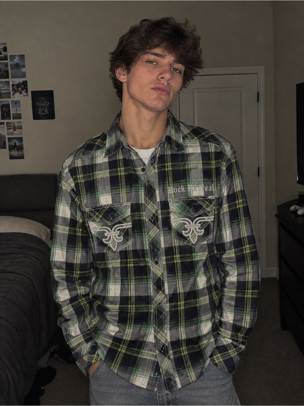 Rock Revival Black and Green Plaid Button-Down Shirt